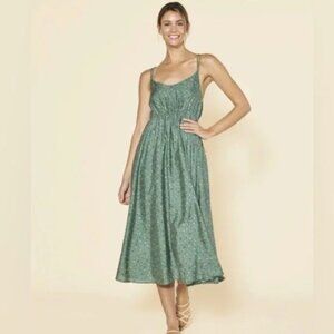 Outerknown La Luna dress in green. Cotton and silk
